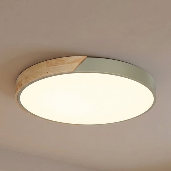 PRIOS LED stropna svjetiljka Prios Lynorri, Ø 52 cm, zelena, s drvenim uzorkom, Zelena, Dnevni boravak/blagovaonica, Plastika