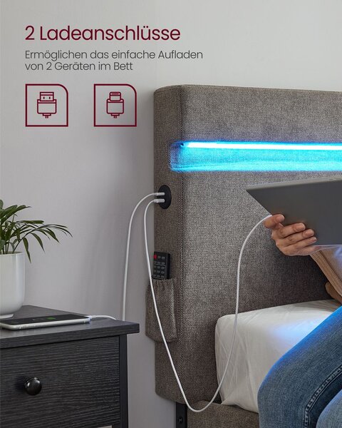 Metalni bračni krevet 140 x 190 cm LED rasvjeta tamno siva