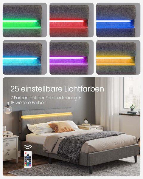 Metalni bračni krevet 140 x 190 cm LED rasvjeta tamno siva