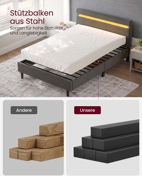 Metalni bračni krevet 140 x 190 cm LED rasvjeta tamno siva