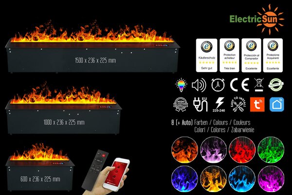 Električni kamin na vodenu paru ElectricSun MISTique medij, s plamenom u 8 boja, sa zvukom, s daljinskim upravljačem i mobilnom aplikacijom, 100 cm