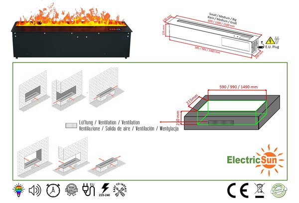 Električni kamin na vodenu paru ElectricSun MISTique medij, s plamenom u 8 boja, sa zvukom, s daljinskim upravljačem i mobilnom aplikacijom, 100 cm