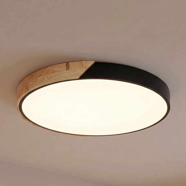 PRIOS LED stropna svjetiljka Prios Lynorri, Ø 52 cm, crna, s drvenim uzorkom, Crno, Dnevni boravak/blagovaonica, Plastika