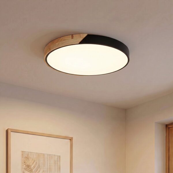 PRIOS LED stropna svjetiljka Prios Lynorri, Ø 52 cm, crna, s drvenim uzorkom, Crno, Dnevni boravak/blagovaonica, Plastika