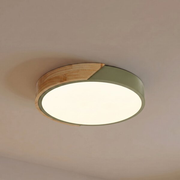 PRIOS Prios Lynorri LED stropna svjetiljka, Ø 32 cm, zelena, s drvenim uzorkom, Zelena, Dnevni boravak/blagovaonica, Plastika
