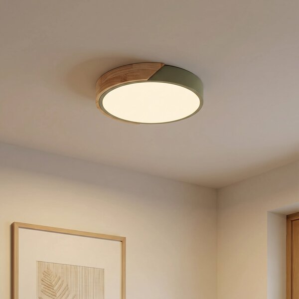 PRIOS Prios Lynorri LED stropna svjetiljka, Ø 32 cm, zelena, s drvenim uzorkom, Zelena, Dnevni boravak/blagovaonica, Plastika