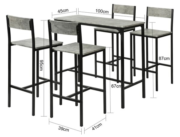 Set 5-dijelni stol s 4 visoke stolice sivi