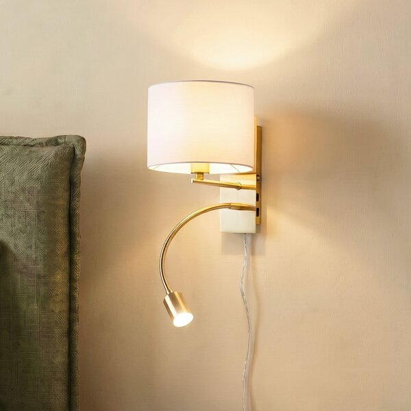 Lindby zidna lampa Florens, mesing, LED za čitanje, 23,5 cm, Zlato / mjed, Dnevni boravak/blagovaonica, Tkanina / tekstil, Svjetlo za čitanje