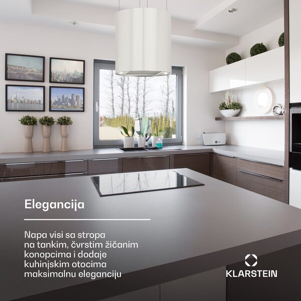 Klarstein Barett, otočna napa, Ø 38 cm, recirkulacija 522 m³/h, LED, filter s aktivnim ugljenom, bijela