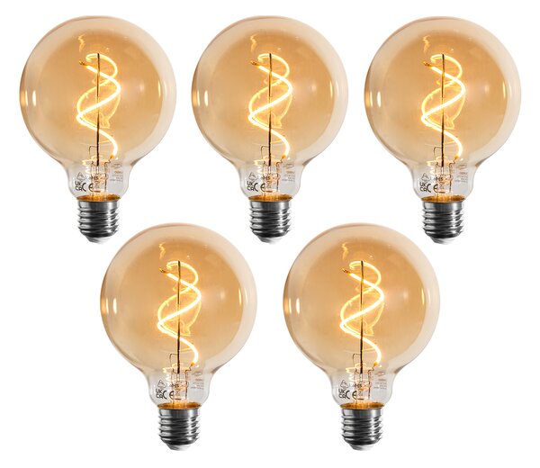 Set od 5 E27 prigušivih LED žarulja spiralne niti G95 zlatne 4W 270 lm 2100K