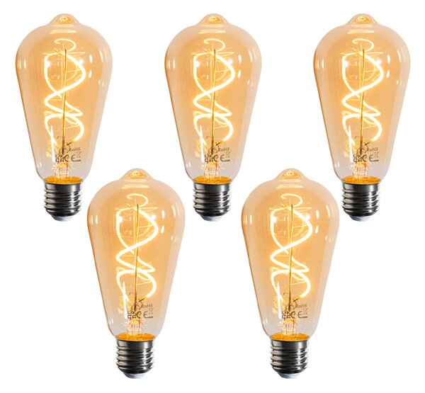 Set od 5 E27 prigušivih LED žarulja spiralnog filamenta ST64 zlatne 4W 270 lm 2100K