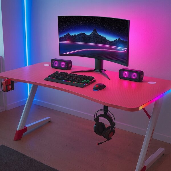 Ružičasti gaming PC stol s RGB LED rasvjetom Šírka: 120 cm
