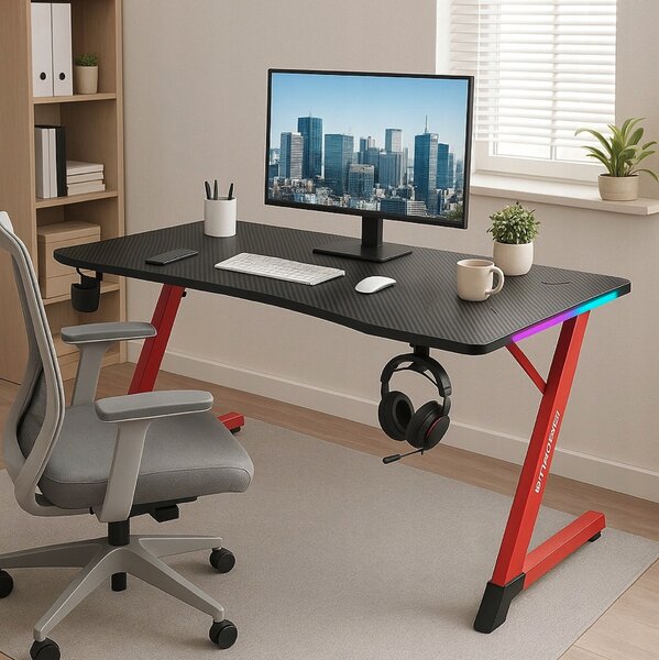 Crno-crveni stol za igranje, PC stol s RGB LED rasvjetom Šírka: 120 cm