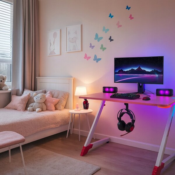 Ružičasti gaming PC stol s RGB LED rasvjetom Šírka: 120 cm