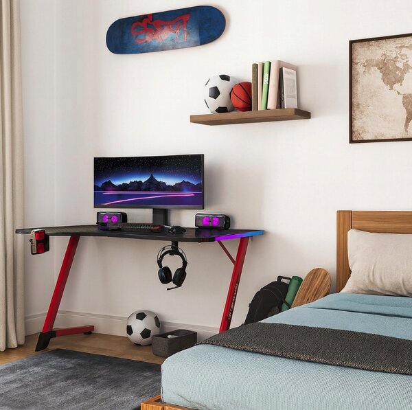 Crno-crveni stol za igranje, PC stol s RGB LED rasvjetom Šírka: 120 cm