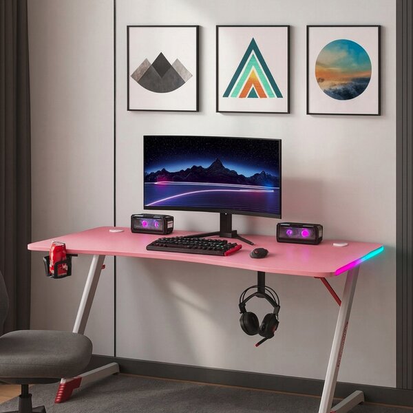Ružičasti gaming PC stol s RGB LED rasvjetom Šírka: 120 cm