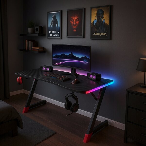 Crni stol za igranje, PC stol s RGB LED rasvjetom Šírka: 120 cm