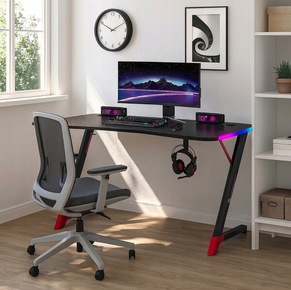 Crni stol za igranje, PC stol s RGB LED rasvjetom Šírka: 120 cm