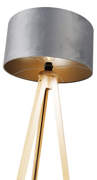 Podna lampa drvo s sivom tkaninom 50 cm - Tripod Classic