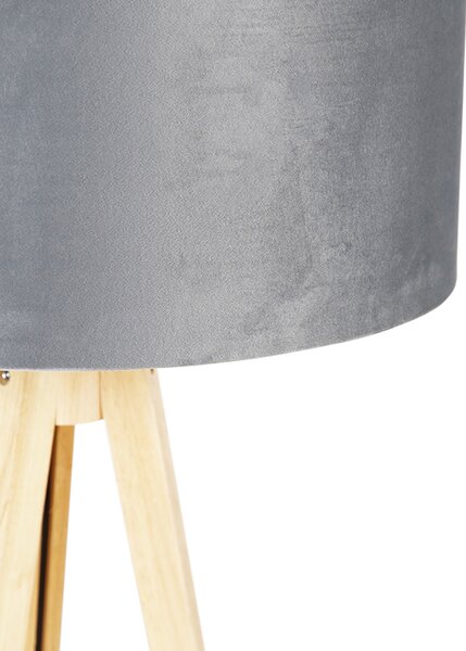 Podna lampa drvo s sivom tkaninom 50 cm - Tripod Classic