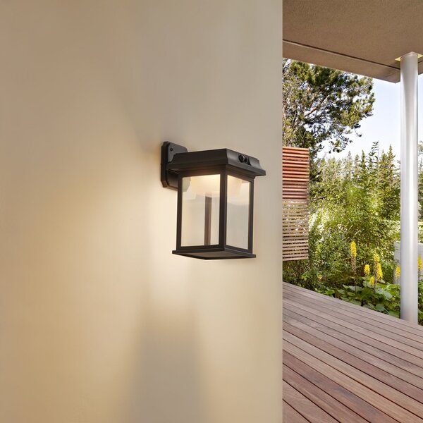 Lindby solarna LED zidna svjetiljka Latarka, visina 27,5 cm, senzor, Crno, Plastika