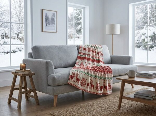 Bijela božicna deka od mikropliša CHRISTMAS JOY Dimenzije: 200 x 220 cm