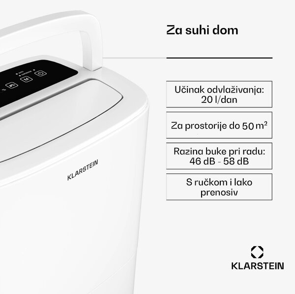 Klarstein DryFy 20L odvlaživač, 20 L/dan, 50m², 230 m³/h, tajmer, spremnik za vodu, mobilni