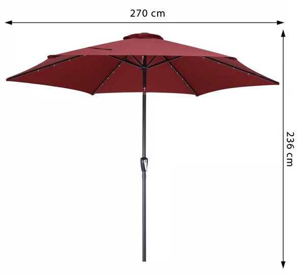 Vrtni LED solarni aluminijski suncobran Miami - 270 cm, crveni, UV 80+