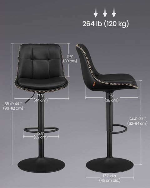 Set od 2 barske stolice, podesive visine, 44 x 48 x (90–112) cm, crne boje