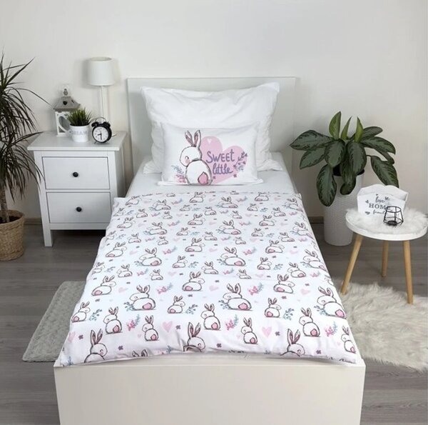 Pamučna posteljina za dječji krevetić BUNNY SWEET bijela Dimenzije posteljine: 40 x 60 cm | 100 x 135 cm