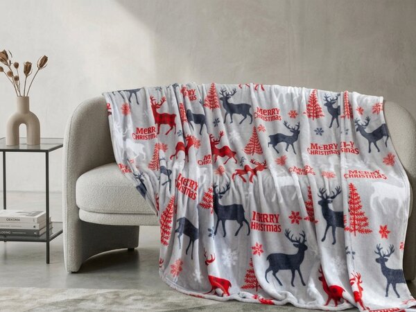 Božićna deka od mikropliša MERRY CHRISTMAS DEER siva Dimenzije: 160 x 200 cm