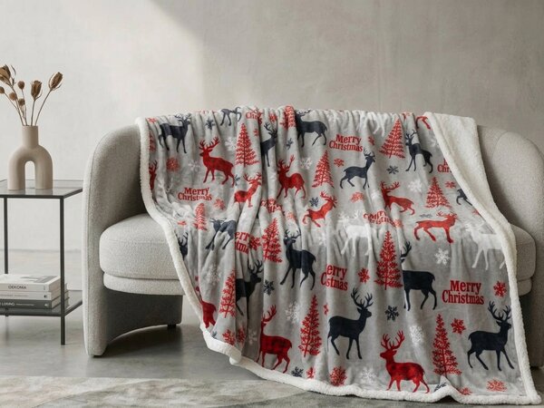 Božićna mikropliš deka s imitacijom ovčjeg krzna MERRY CHRISTMAS DEER siva Dimenzije: 160 x 200 cm