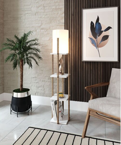 Podna lampa polica NORA bijela/drvo , ivreica, MDF, platno, visina 135 cm, promjer sjenila 21 cm, visina 36 cm, E27 45-60 W