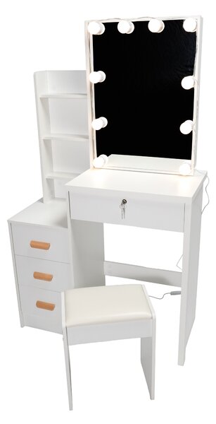 INLEA Toaletni stol INARA s taburetom, LED osvjetljenjem (LED žarulje) i 4 ladice - bijeli