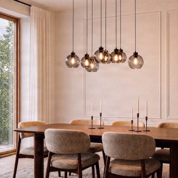 TK Lighting Viseća svjetiljka Cubus, duljine 95 cm, 8 žarulja, dimno siva, staklo, prigušiva, Sivo, Dnevni boravak/blagovaonica, Staklo