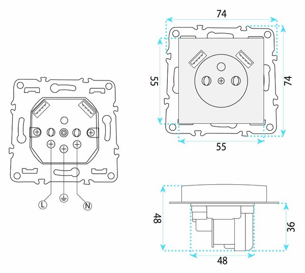 Jednostruka utičnica s uzemljenjem + 2x USB-A OSTE JNH003-G Beige