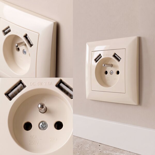 Jednostruka utičnica s uzemljenjem + 2x USB-A OSTE JNH003-G Beige