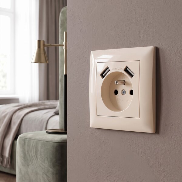 Jednostruka utičnica s uzemljenjem + 2x USB-A OSTE JNH003-G Beige
