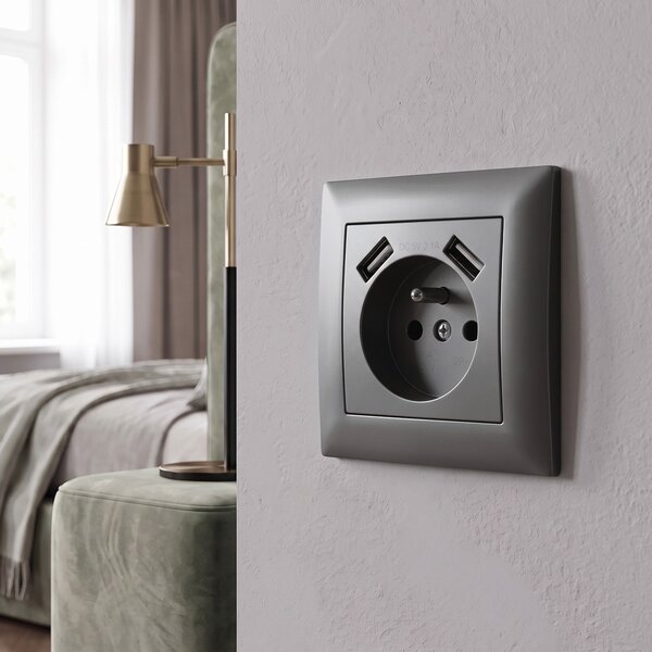 Jednostruka utičnica s uzemljenjem + 2x USB-A OSTE JNH003-G Grey