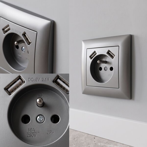 Jednostruka utičnica s uzemljenjem + 2x USB-A OSTE JNH003-G Grey