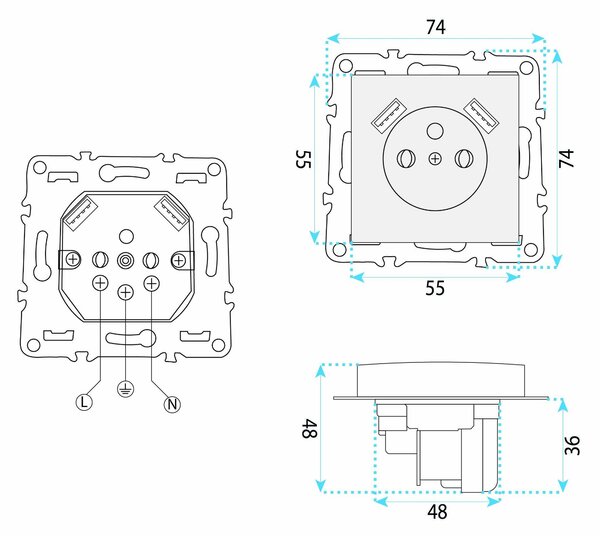 Jednostruka utičnica s uzemljenjem + 2x USB-A OSTE JNH003-G Grey