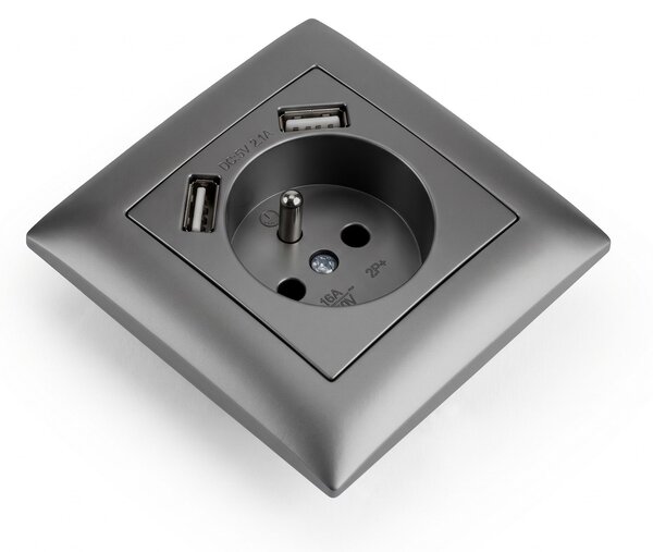 Jednostruka utičnica s uzemljenjem + 2x USB-A OSTE JNH003-G Grey