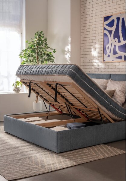 Plavi tapecirani bračni krevet s podnicom i prostorom za odlaganje 180x200 cm Thessa Pillow – Bonami Selection