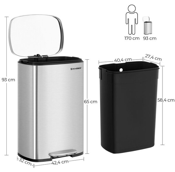 Kanta za smeće TIDY s tihim zatvaranjem, 50 l, srebrna SongmicsHome