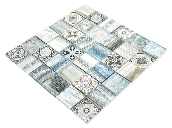 Mozaik pločica Quadrat Crystal XCM WOOD 300 (30 x 30 cm, Plavo-sive boje, Sjaj)