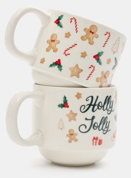 Sinsay - Božićne keramičke šalice s motivom medenjaka i natpisom „Holly Jolly“ 2 kom