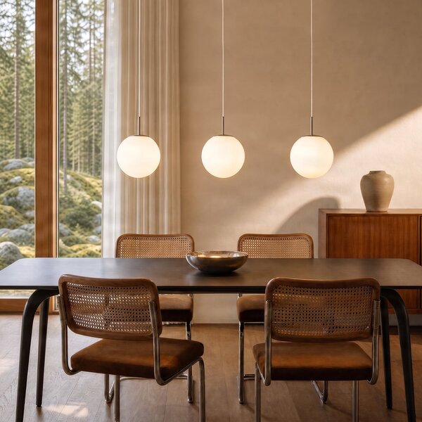 Lindby Marike viseća lampa, 3 svjetla, duljina 120 cm, bijela/nikl, prigušiva, Bijela, Dnevni boravak/blagovaonica, Staklo