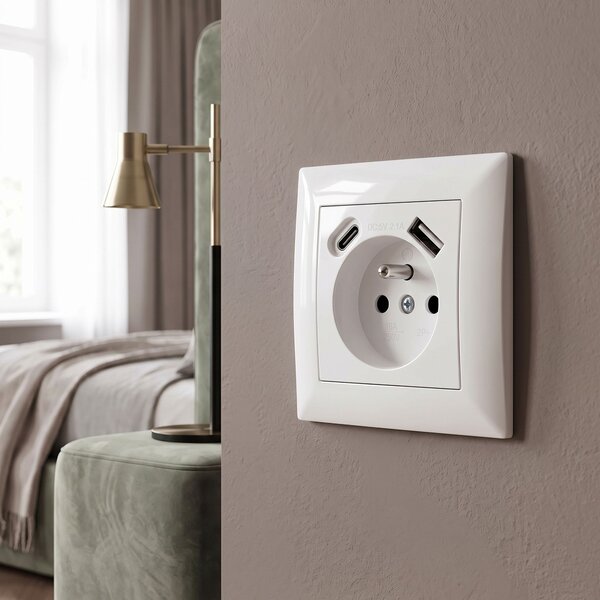 Jednostruka utičnica s uzemljenjem + USB-A USB-C OSTE JNH004-G White