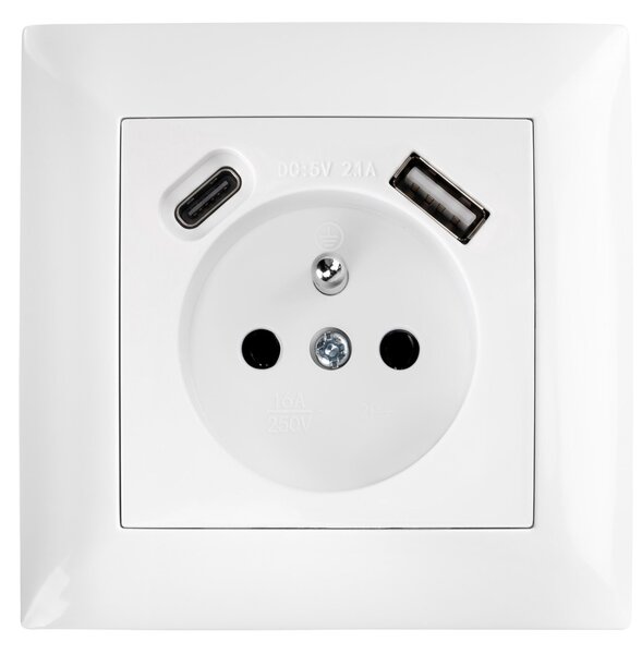 Jednostruka utičnica s uzemljenjem + USB-A USB-C OSTE JNH004-G White