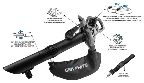 Vrtni usisavač Energy+ 36V Li-lon, 2u1, kapacitet vrećice 35L, bez baterije 58G036 GRAPHITE